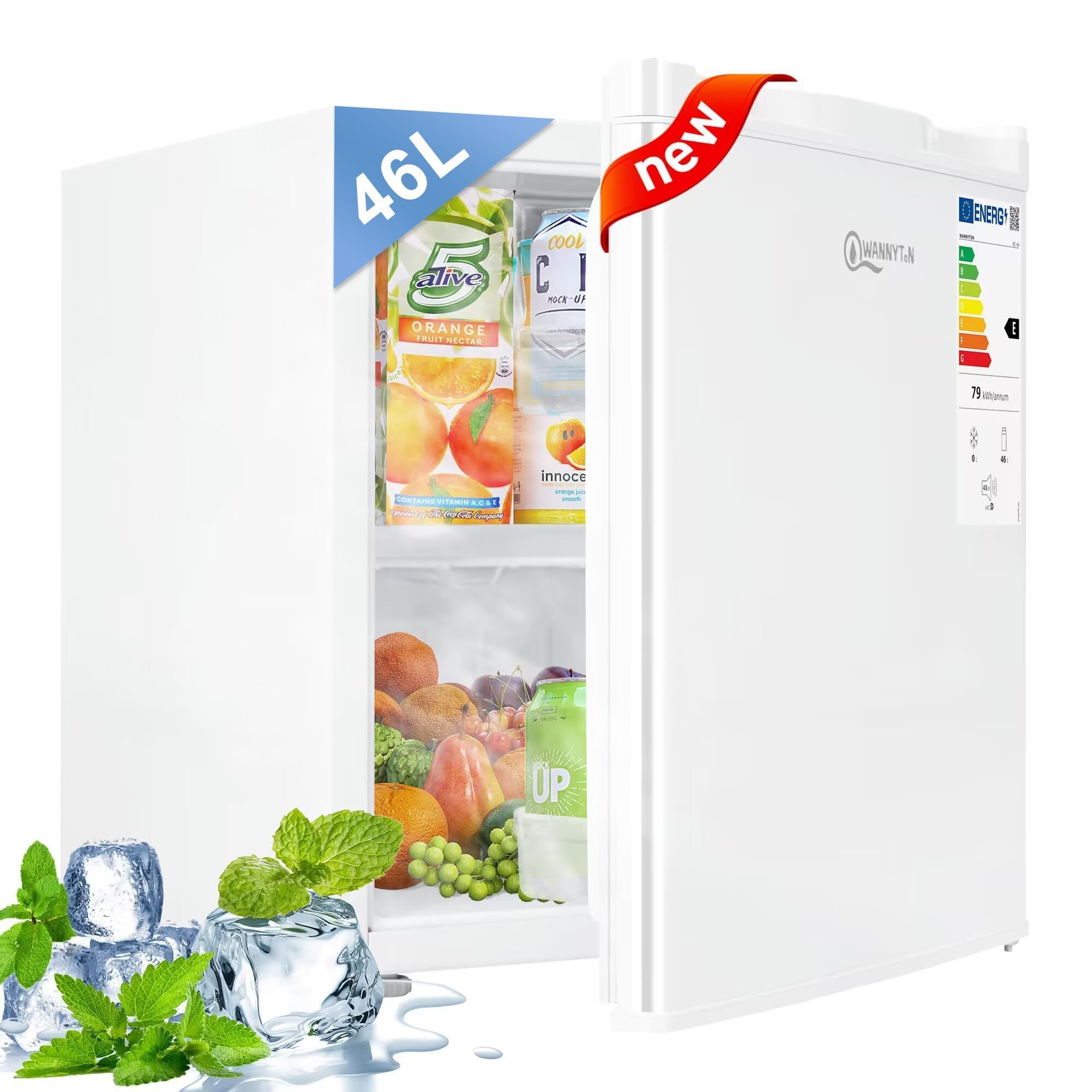 WANNYTON Nevera Pequeña con Congelador, Mini Frigorifico de 46 L, Puerta Reversible, Mini Nevera para Cosméticos, Bebidas, Frutas, Refrigerador para Caravana, Casa, Oficina, Bajo Consumo, Blanco