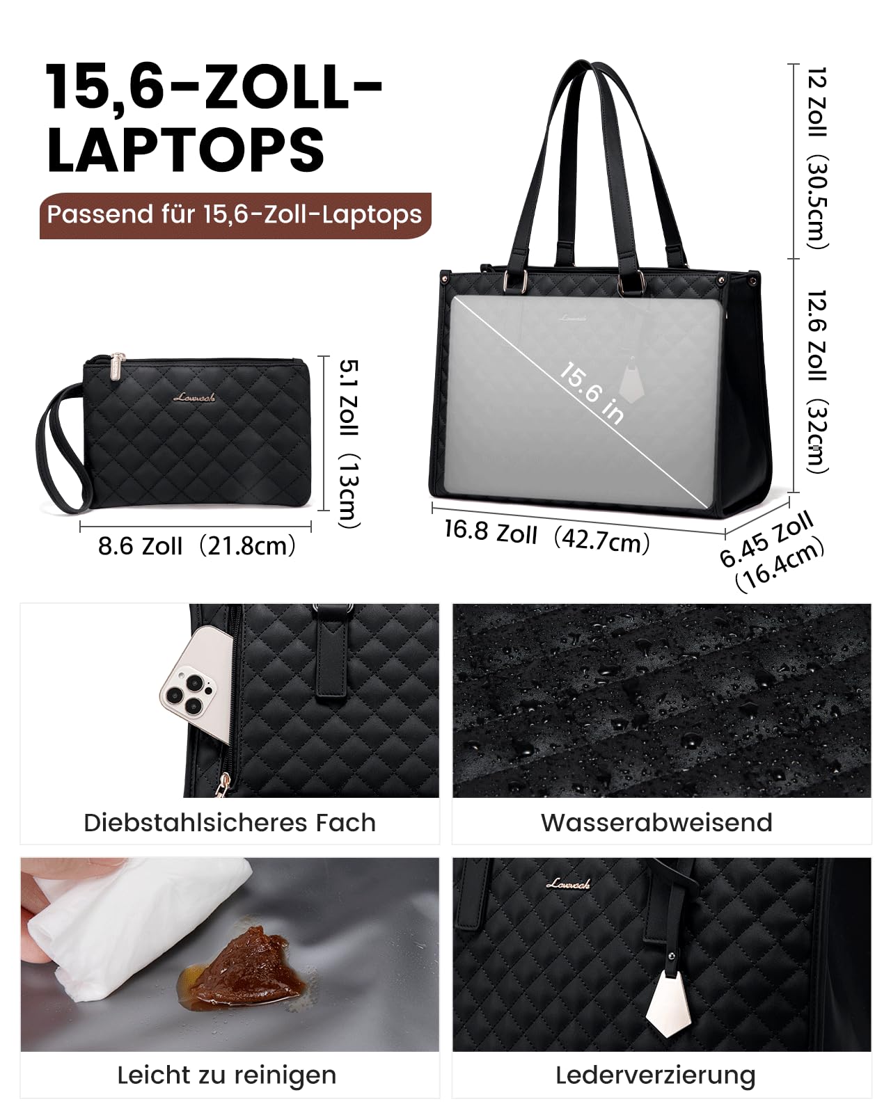 LOVEVOOK Laptoptasche Damen mit Isolierted Lunch-Fach, 15,6 Zoll Laptop Handtasche, Arbeitstasche Lehrertasche Groß, Lunchtasche Aktentasche Leder, Schultertasche für Schule Büro Uni