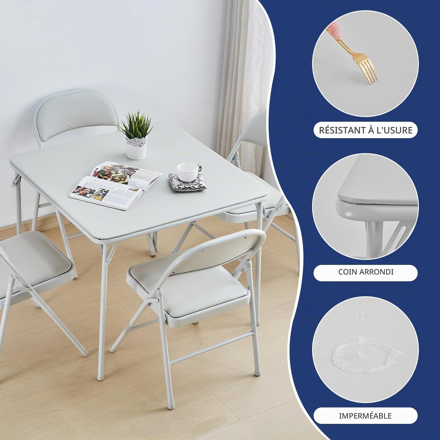KAIHAOWIN Table Pliante 80 x 80 cm, Table à Cartes Carrée pour 4 Personnes, Table de Jardin Pliante Polyvalente Intérieur et Extérieur, Blanc