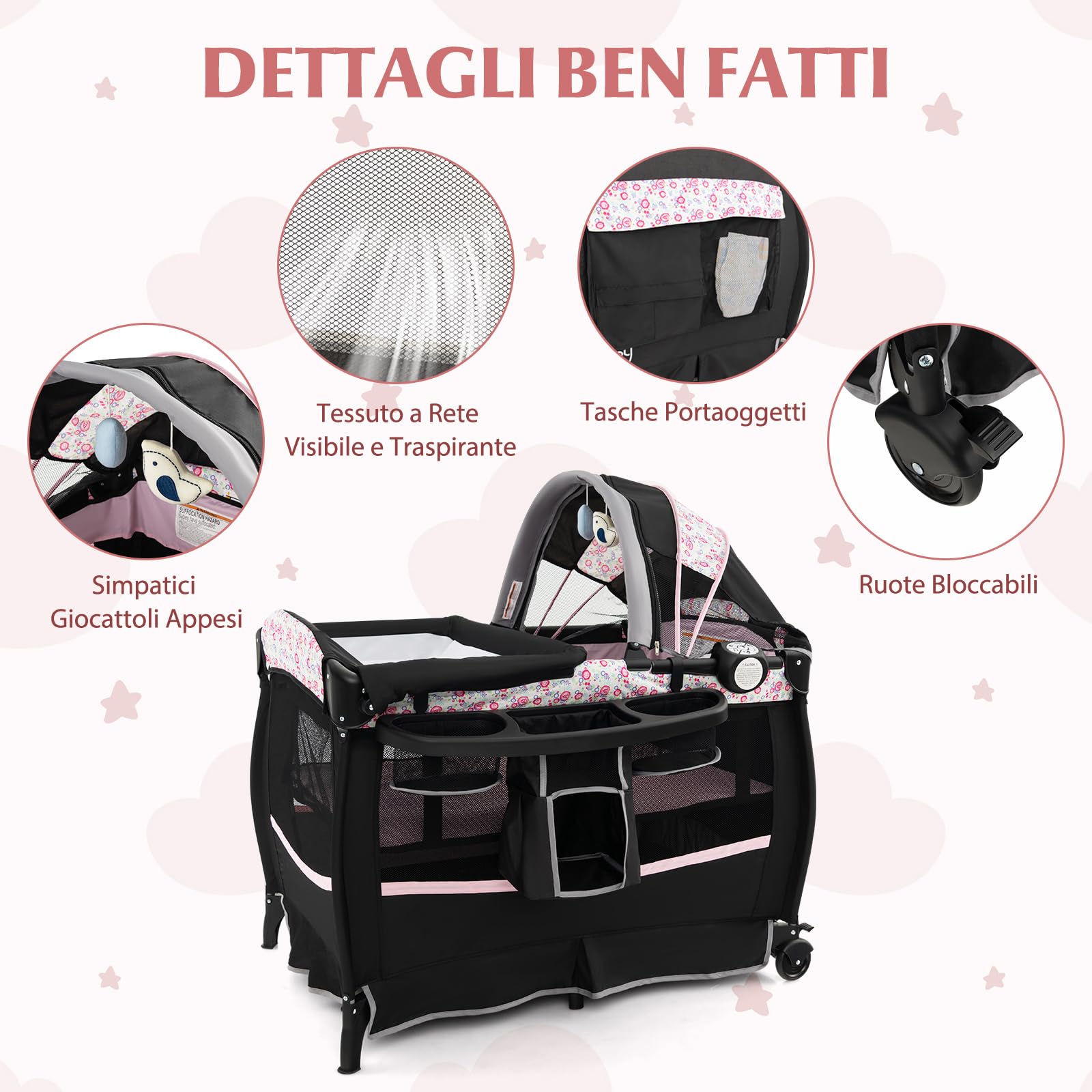 RELAX4LIFE 4 in 1 Lettino Neonato da Campeggio, Culla Next to Me con Fasciatoio, Culla Neonato Fianco Letto, Ruote Bloccabili e Borsa per il Trasporto, per Bambini 0-36 Mesi (Nero+Fiore)