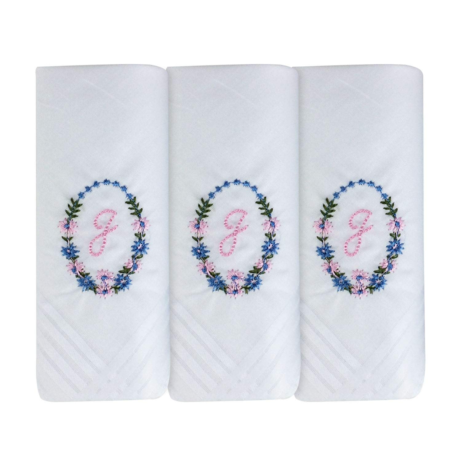 Surf the Shop 3 Pack Of Womens/Ladies Embroidered Initial Handkerchiefs With White Satin Border Various Initials (J)