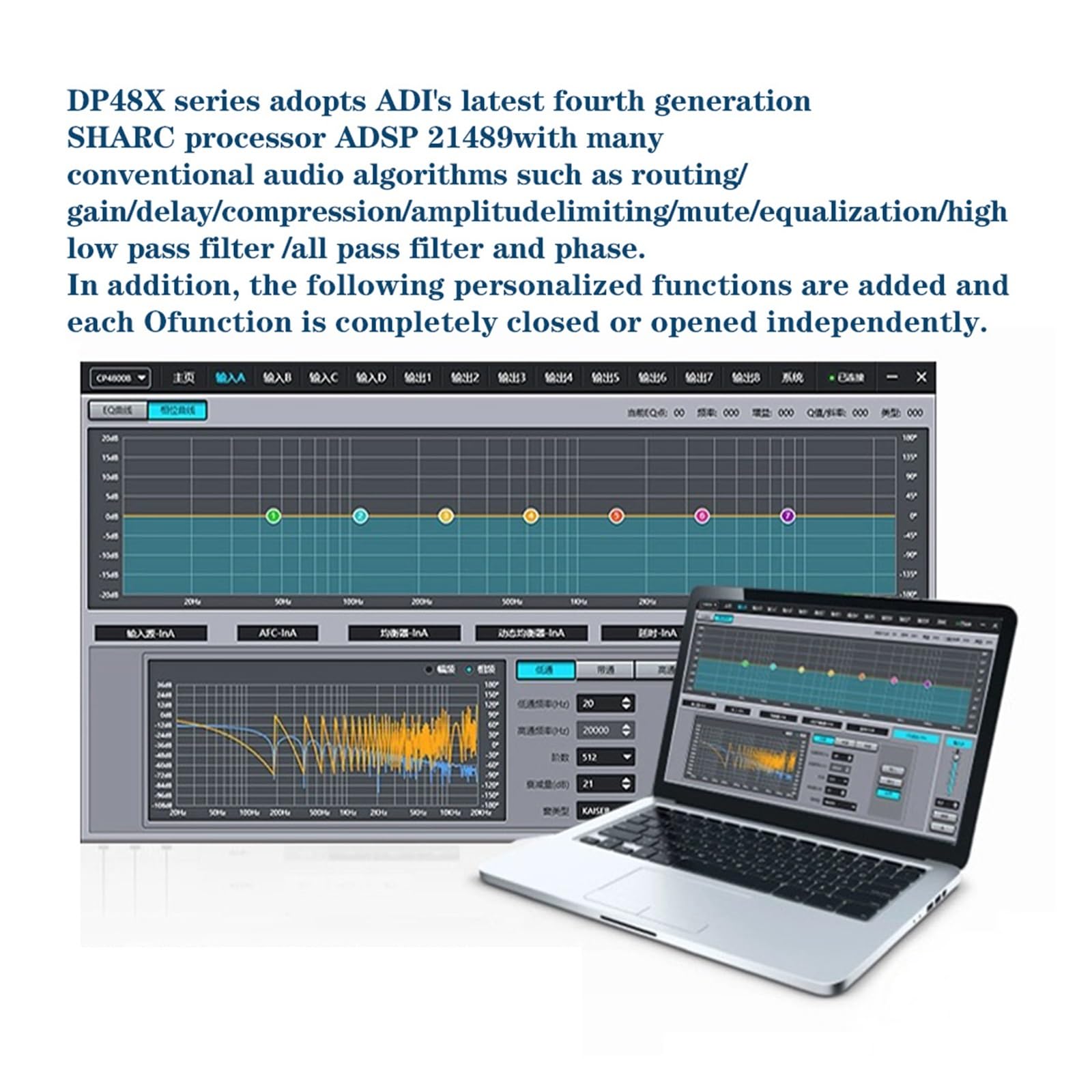 Equalizzatore Grafico DP48X Processore Audio Digitale Professionale Processore Rack for unità A 4 Ingressi 8 Uscite con di Gestione degli Altoparlanti RIR DEQ 192KHZ(Black)