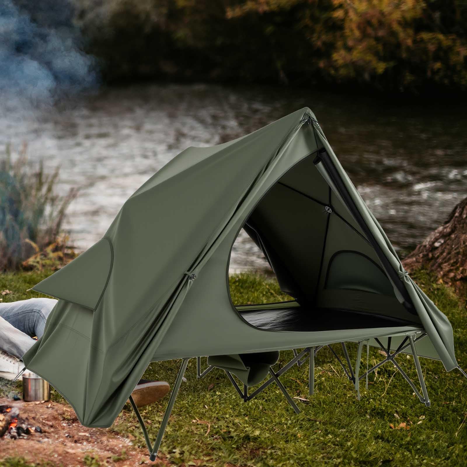 HOMASIS Campingzelt mit Feldbett für 2 Personen, Campingbett mit Sonnendach & Regenschutz, Zelt mit 2 Türen, Fenster & Rolltasche, Campingliege mit Metallrahmen, 300 kg Tragkraft, Grün