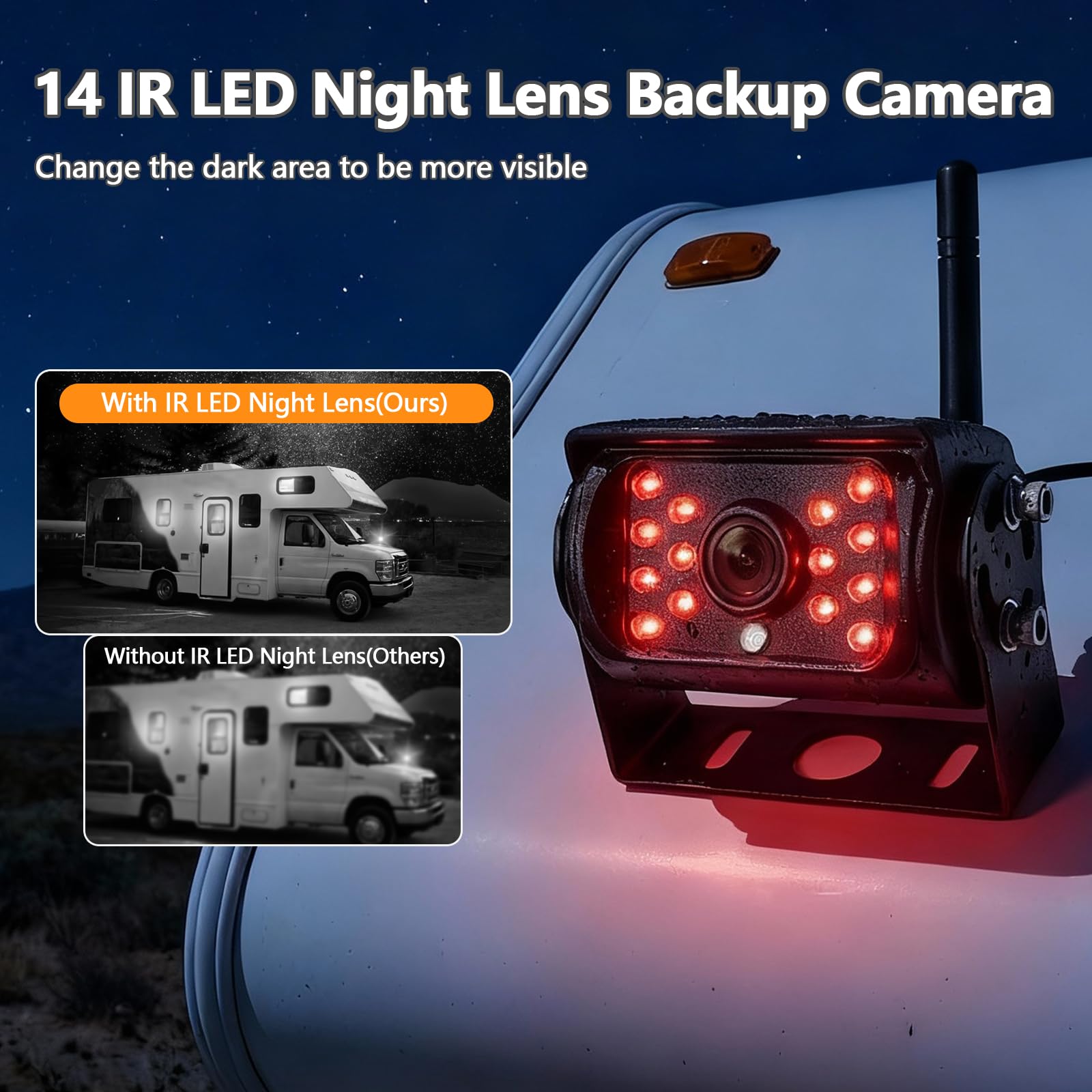 Digitales Rückfahrkamera Set VASTEND 7'' Rückfahrkamera Funk Kabellos mit 14 Infrarot LEDs, IP69 Wasserdicht LKW Kamera Kabellos, Klares Bild für Transporter, Wohnmobile, Wohnwagen, Camper(VE-7C)