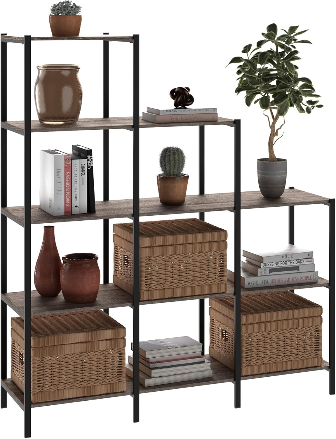 ClosetMaid Ladder Step Bookcase, 5 Tier, 7 Shelves, Display Shelf for Living Room or Office, Industrial Black Metal and Wood, Weathered Gray