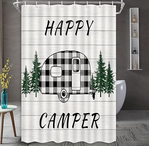 Miniatura 4 de MERCHR Happy Camper - Cortina de ducha para caravana, remolque a cuadros de búfalo con árboles en casa de campo, tela de madera gris rústica,
