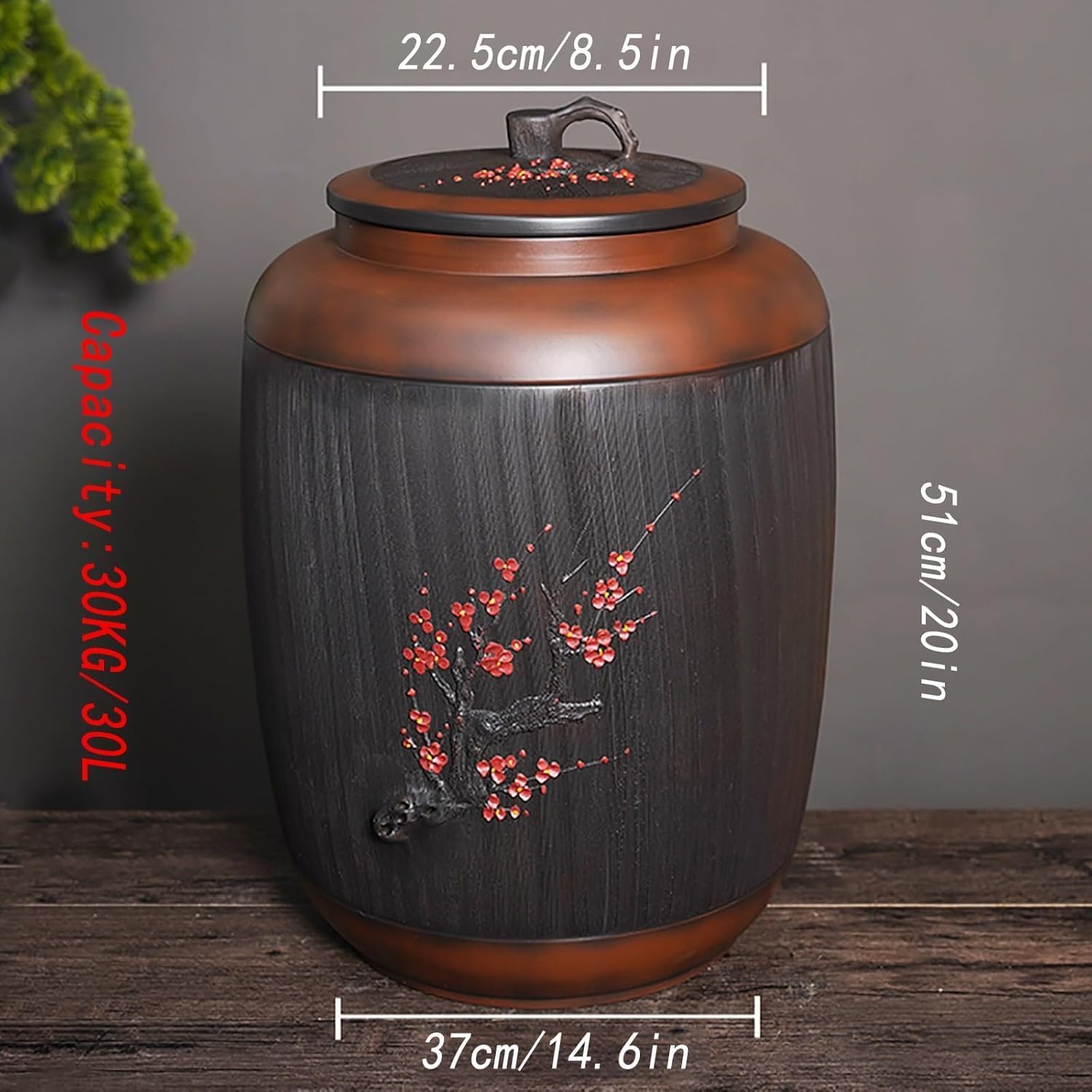 ELEFOCUS Chinese Style Ceramic Rice Jar With Lid, Food Storage Porcelain Bottle, Ceramic Rice Container, 30kg Grain Dispenser(Water jar-30L)