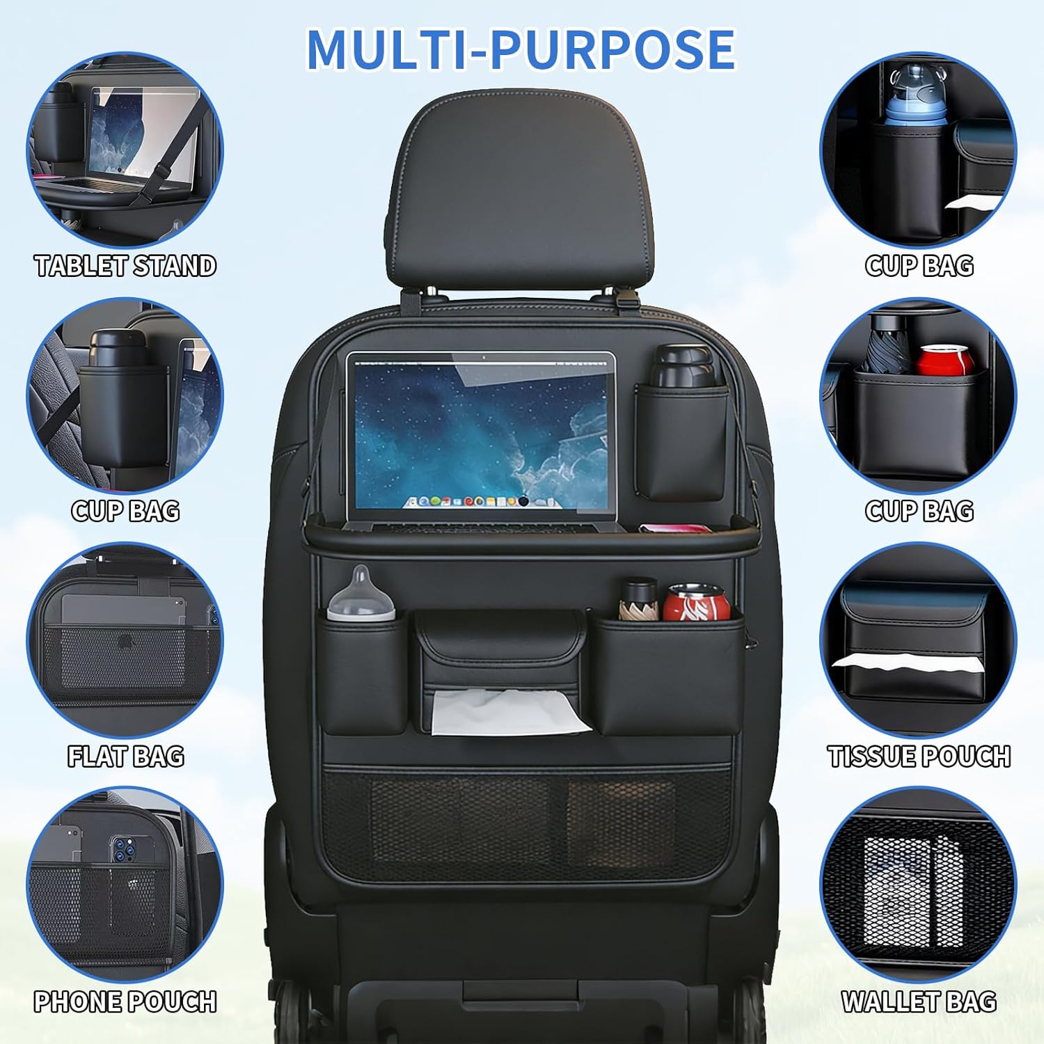 Car Seat Back Organizer with Foldable Tray, Car Seat Back Protector, Premium Leather Kick Mats, Multiple Storage Pockets, Travel Accessories for SUV Truck (Long)