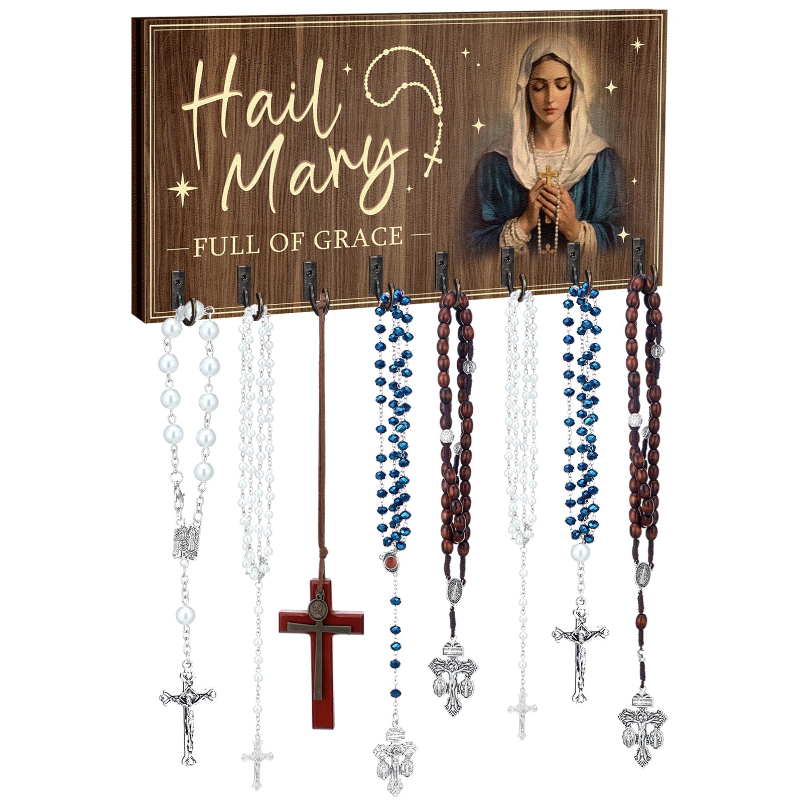 Colingmill Large Wooden Rosary Holder Wall Mounted with 8 Hangers Catholic Rosary Storage Organizer Decorative Hanger Holder for Necklace, Bracelet Prayer Storage