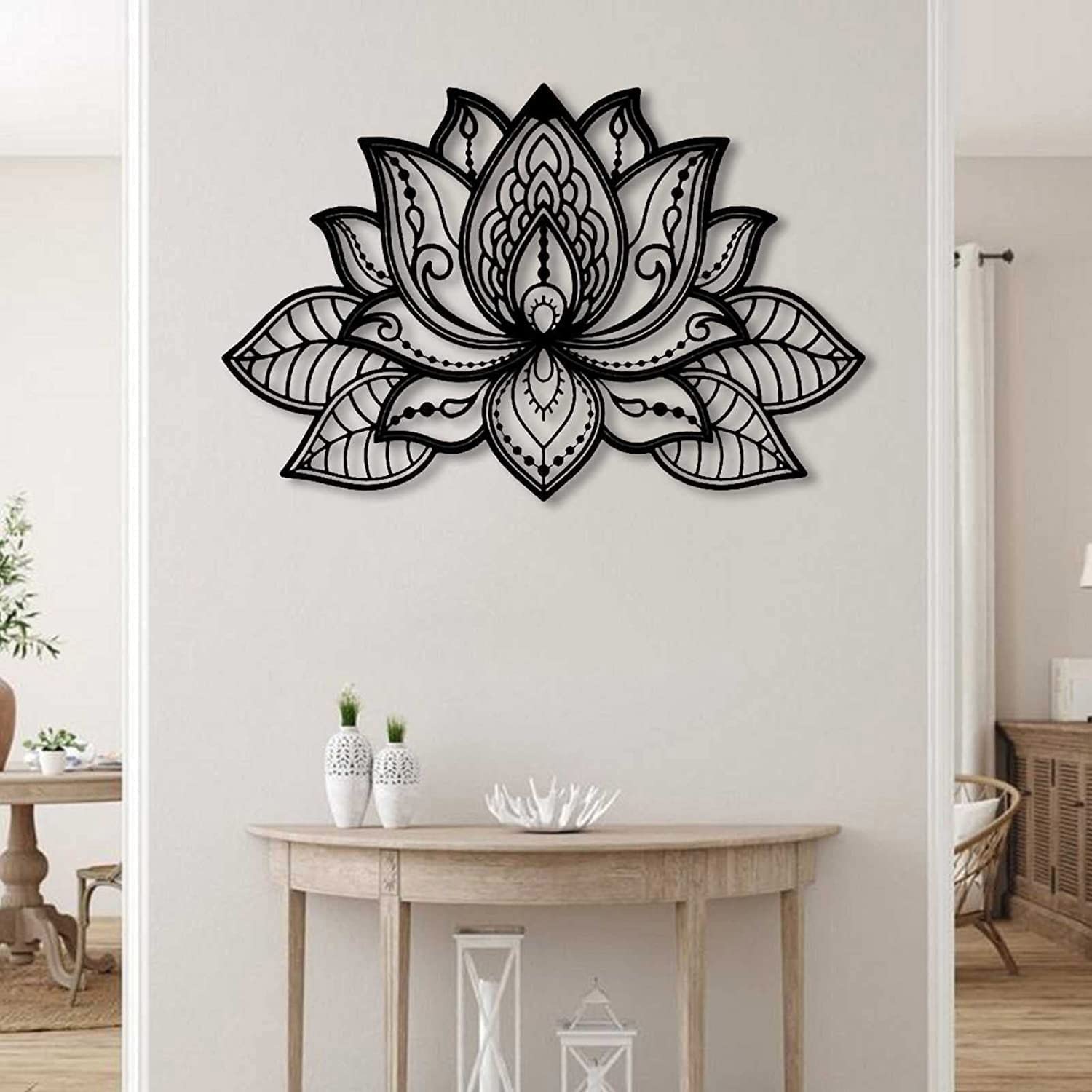 LMYSXAOZ Large Metal Mandala Wall Decor, Lotus Flower Art, Meditation Yoga Zen Home Black, 68x44cm