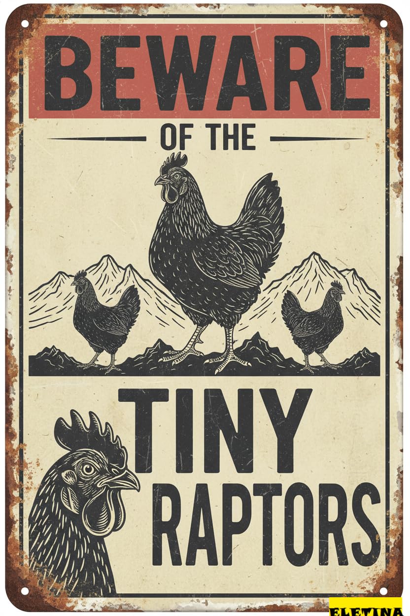 Vintage Metal Tin Sign for Funny Chicken Coop Decor,Chicken Wall Decor,beware Of The Y Raptors Rustic Farm Warning Coop Barn Yard,Farmhouse 8x12 Inch Private Property Decorative