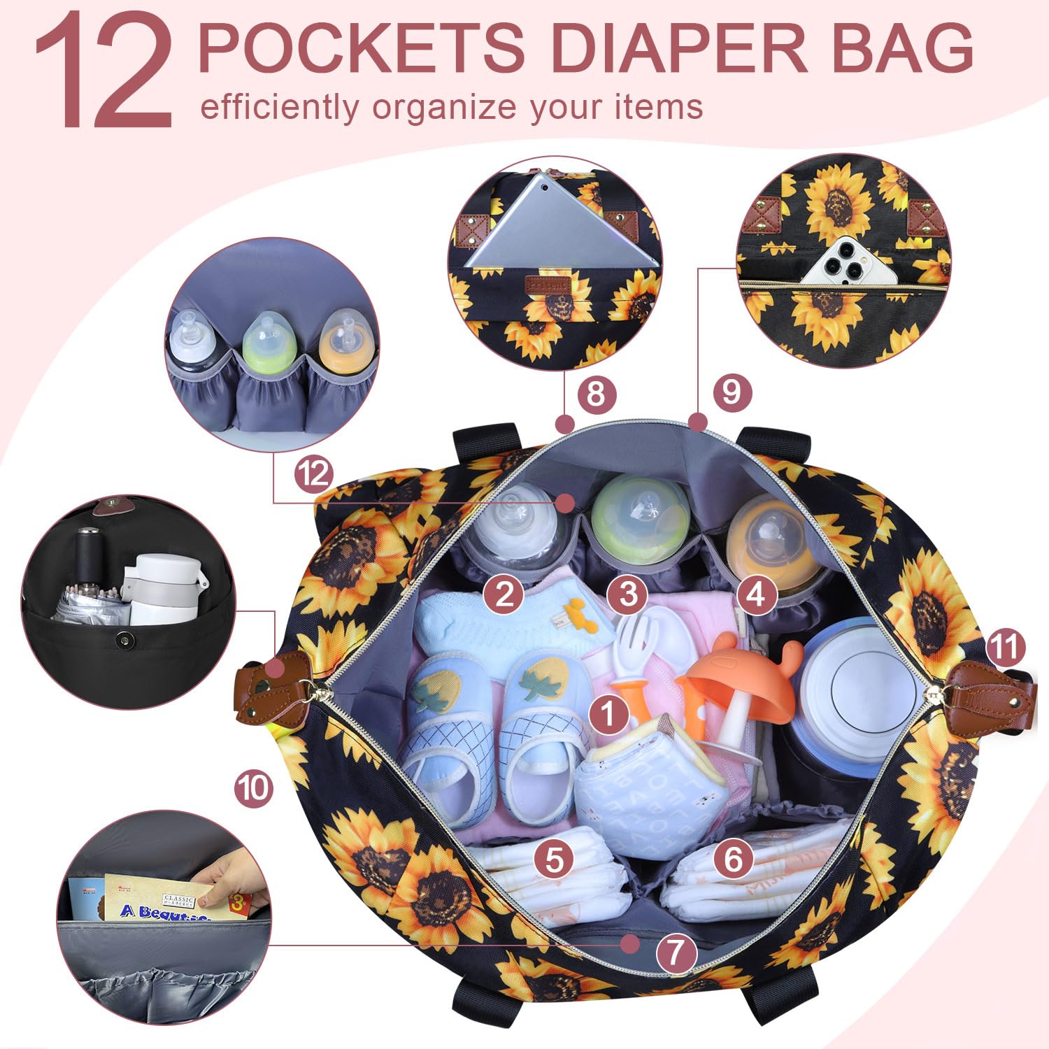 Diaper Bag Tote - Diaper Baby Bags with Pacifier Case, Shoulder Straps, Stroller Clips, Waterproof Large Mommy Bag Maternity Bag Travel Baby Bag for Mom and Dad, Sunflower - Image 4