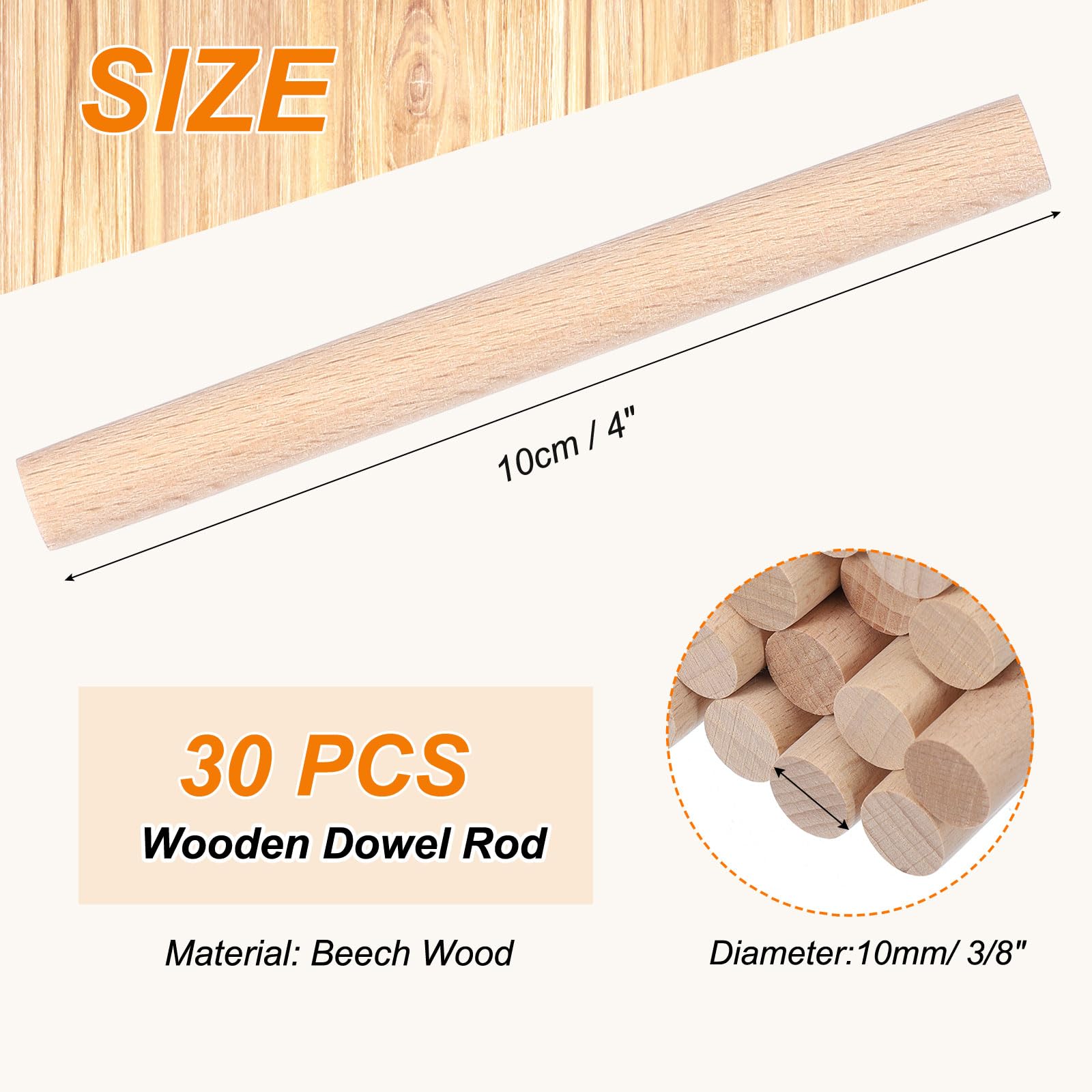 PATIKIL 3/8 x 4 Inch Wooden Dowel Rod - Image 2