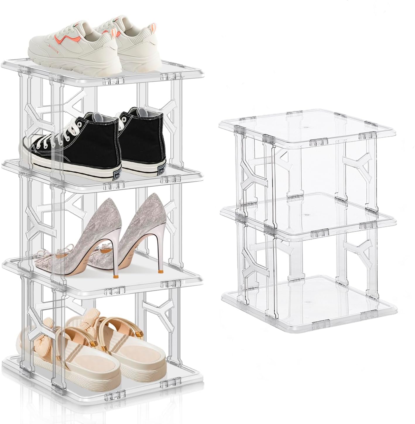 SLEEPHEAD®Shoe Rack for Closet, Plastic Vertical Shoe Organizer, Small Free Standing Shoe Shelves for Entryway Stackable Shoe Tower Space Saver (Clean 4+3 tiger)