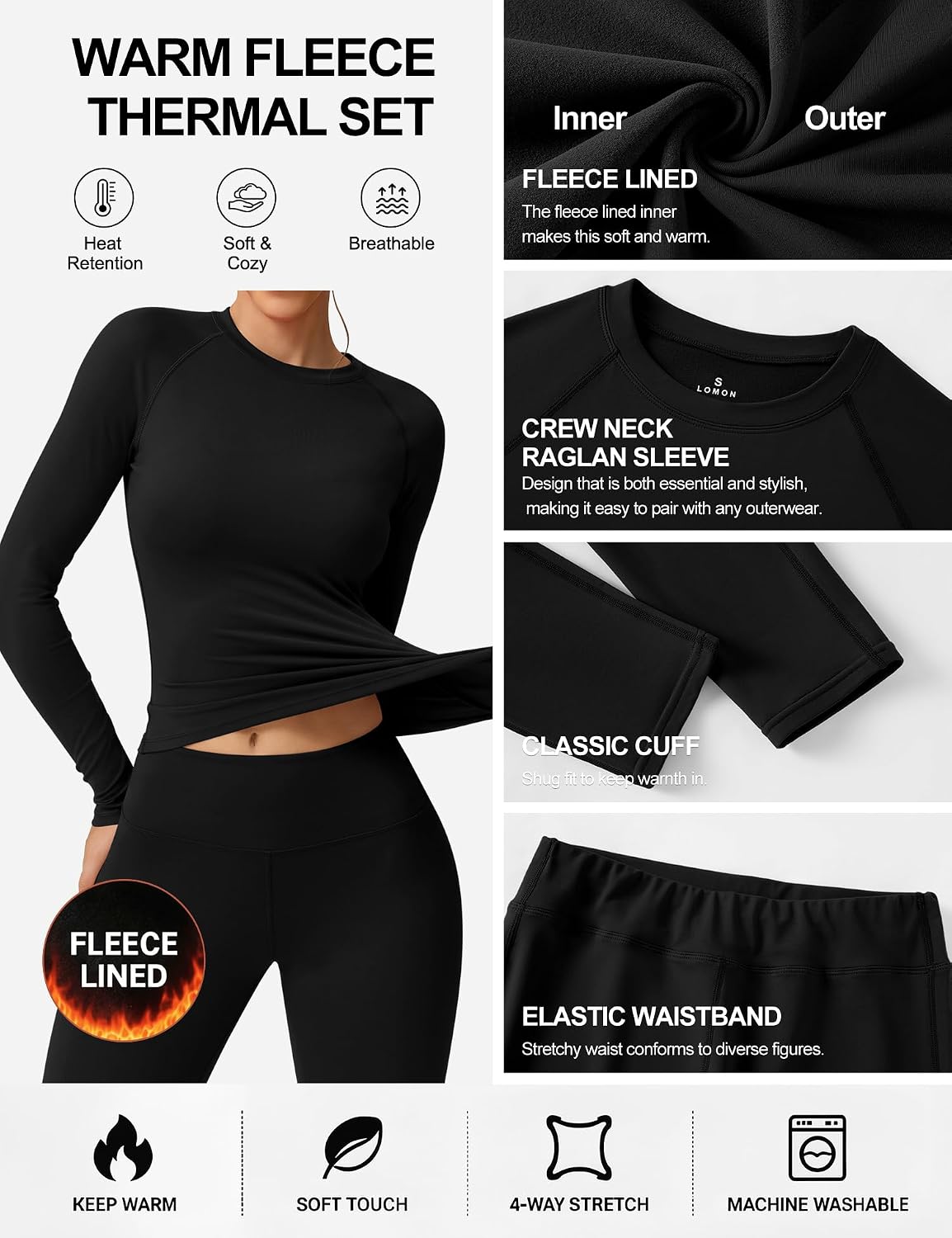 LOMON 2 Piece Sets Thermal Underwear for Womens Base Layer Winter Clothes
