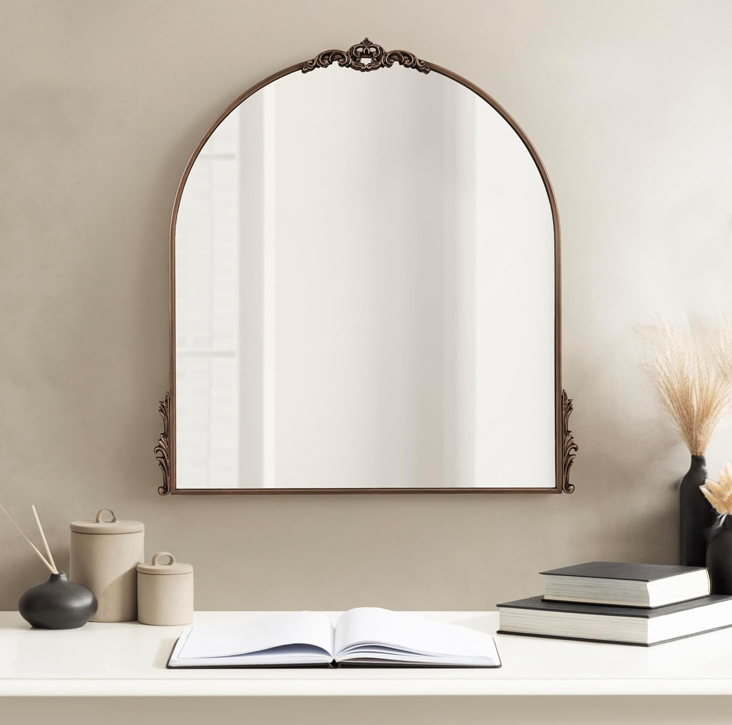 Kate and Laurel Myrcelle Ornate Vintage Arched Mirror; 30 x 32; Bronze; Decorative Wide Arch Mirror for Use as Fireplace Mantel Mirror or Bathroom Mirror for Over Sink