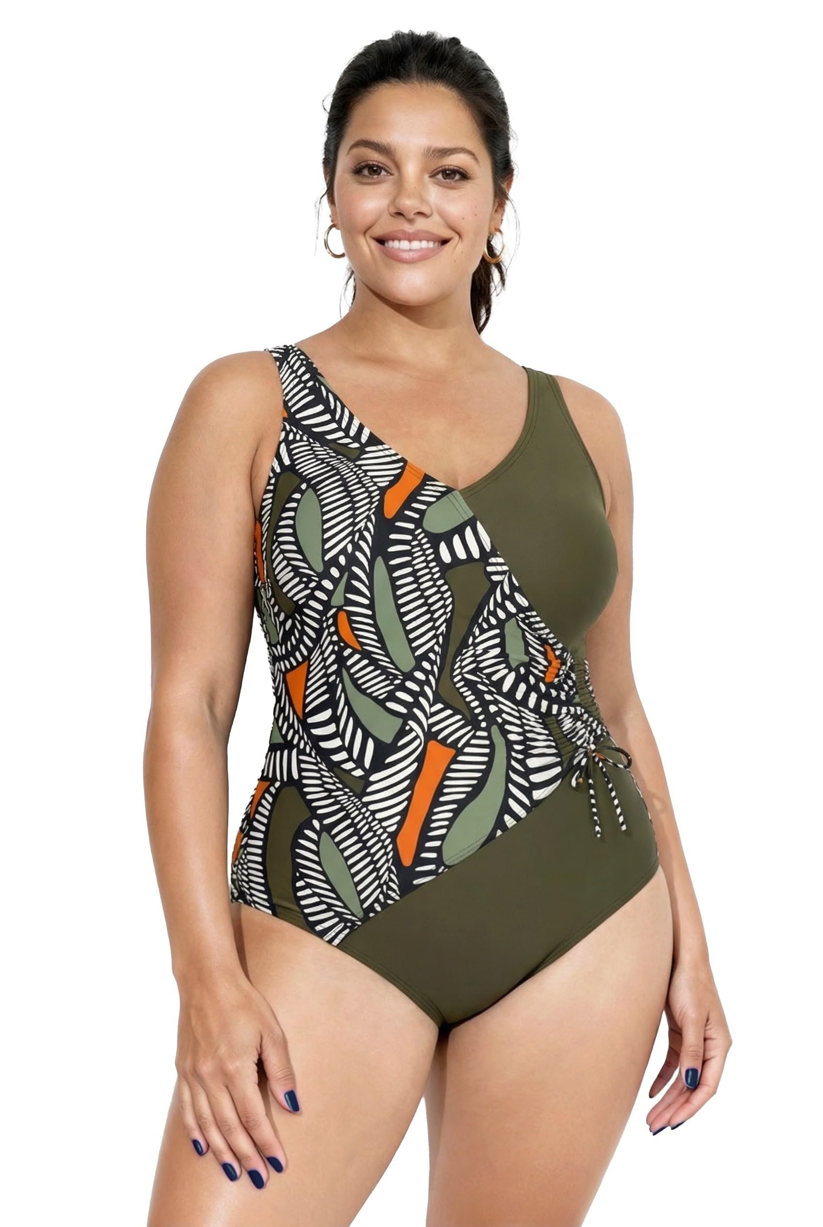 Ulla Popken Damen große Größen Übergrößen Plus Size Badeanzug, Wickeleffekt, Softcups, Zierbänder 846664