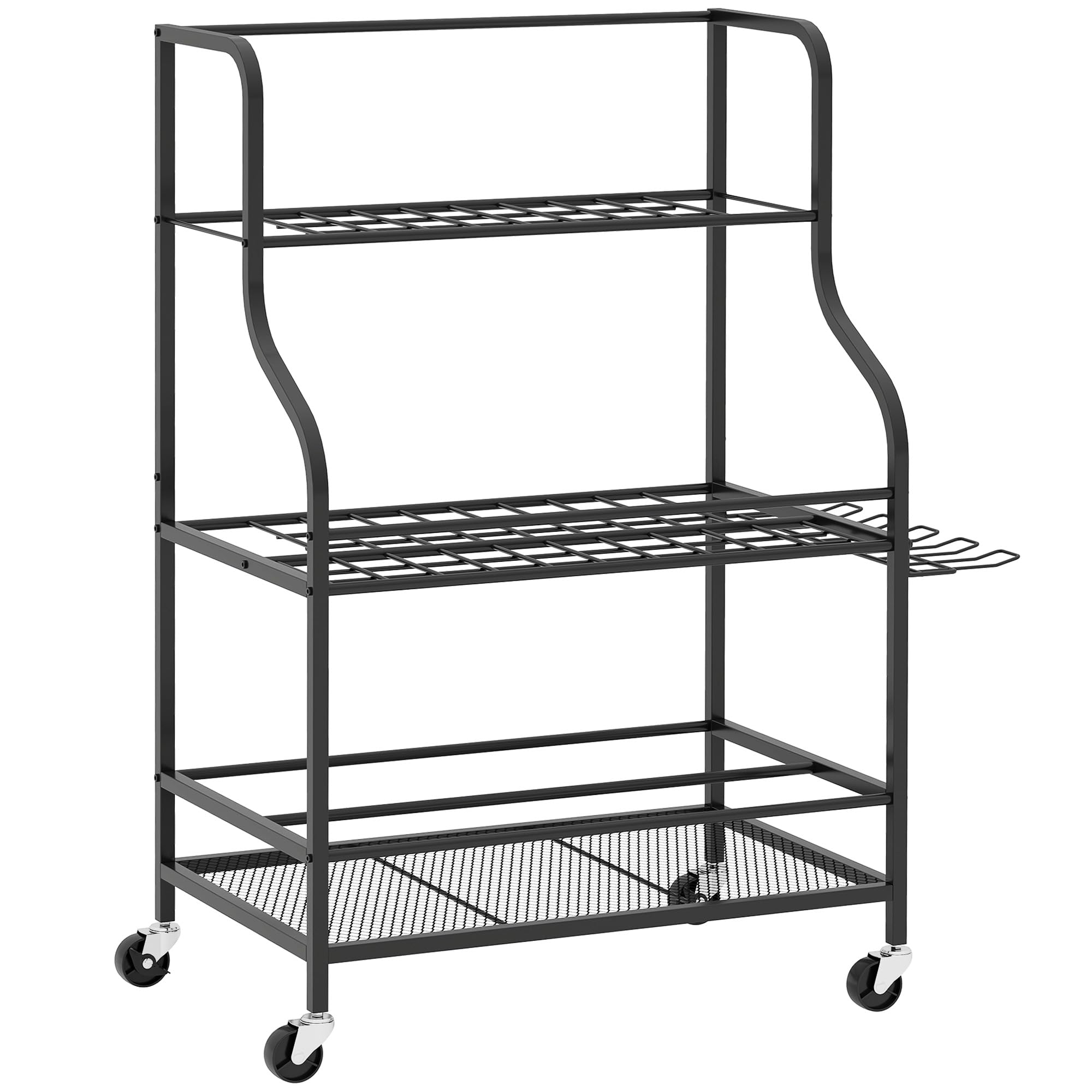 Outsunny Organiseur d'outils de Jardin, Support à Outils de Jardin 54 emplacements avec 5 Crochets, Porte-Outils de Garage en Acier sur roulettes, 3 Niveaux pour Outils, râteaux, Noir