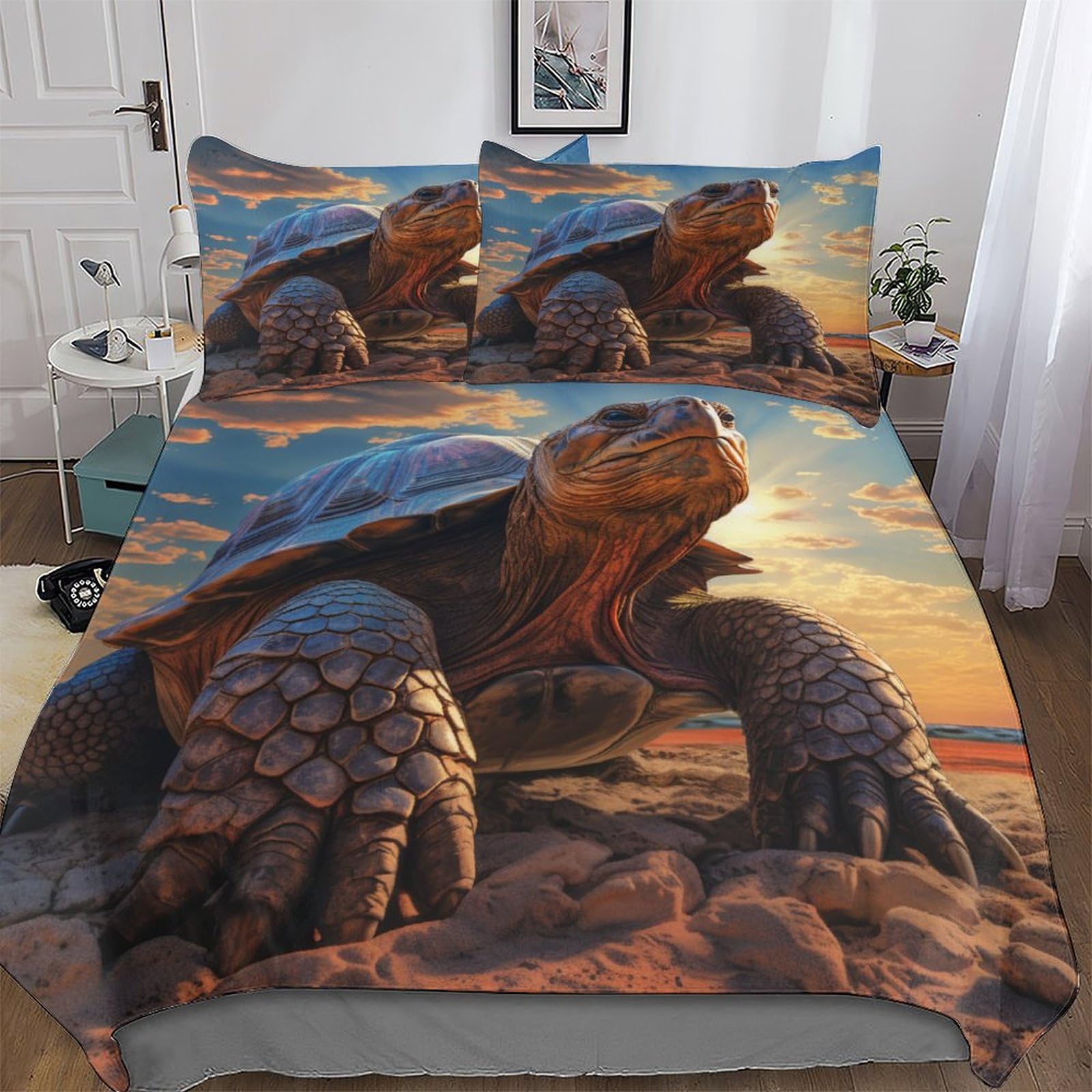Housse de couette douce anti-plis et facile à laver parure lit double motif tortue ocean