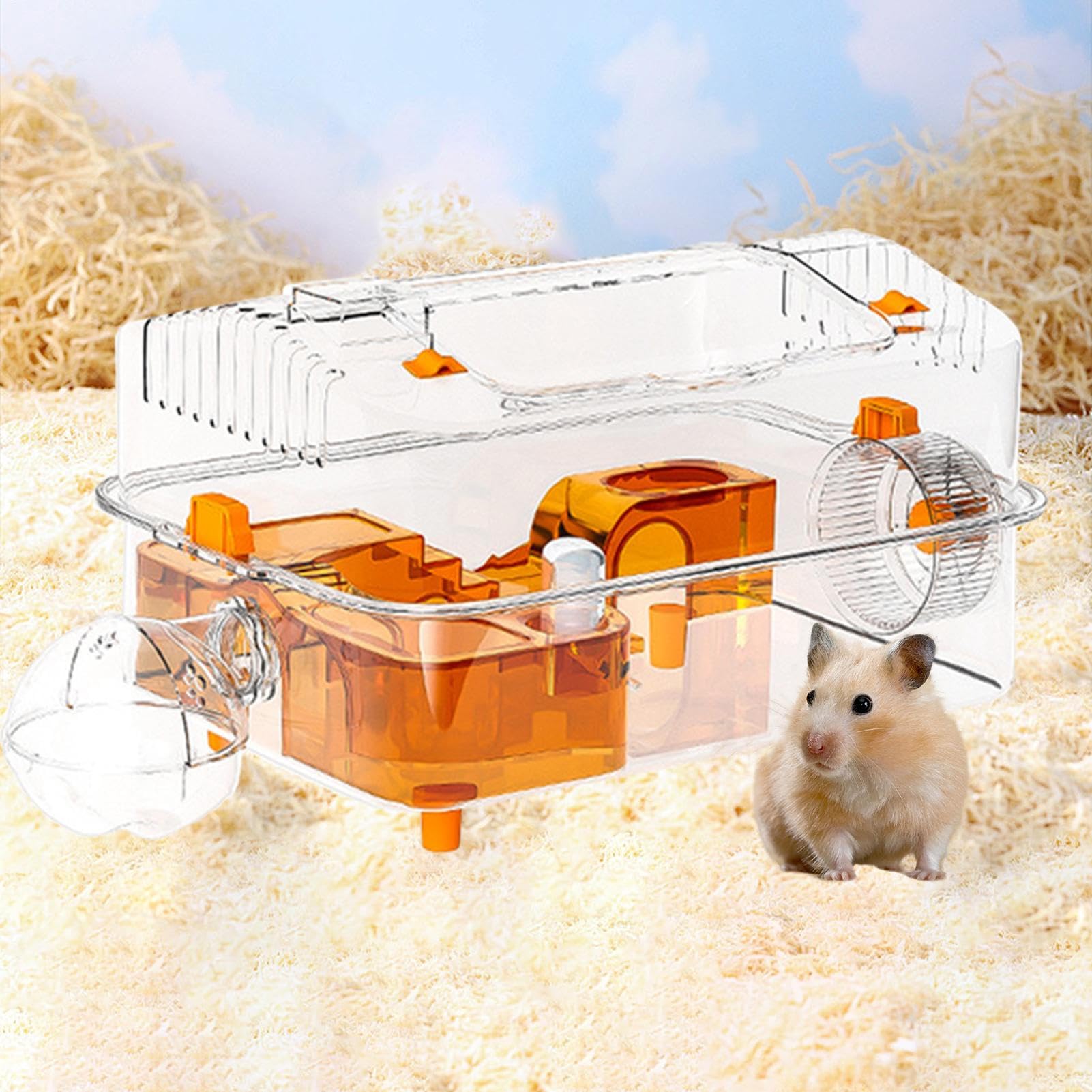 Jaula para Hámster con Bebedero y Juguetes Transparentes | Jaula Transparente Para Mascotas Pequeñas Para Hámster Sirio Ratón Conejo Enano Hogar Interior Juego Descanso Alimentación