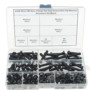 Metric M6 Nylon Phillips Pan Head Screws Nuts Flat Washers Assortment Kit (Black)