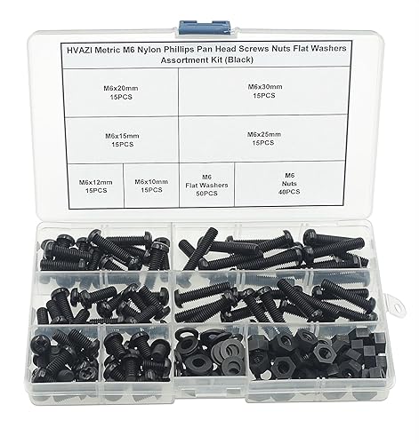 Metric M6 Nylon Phillips Tornillos de cabeza cacerola Tuercas Arandelas planas Kit surtido (negro)