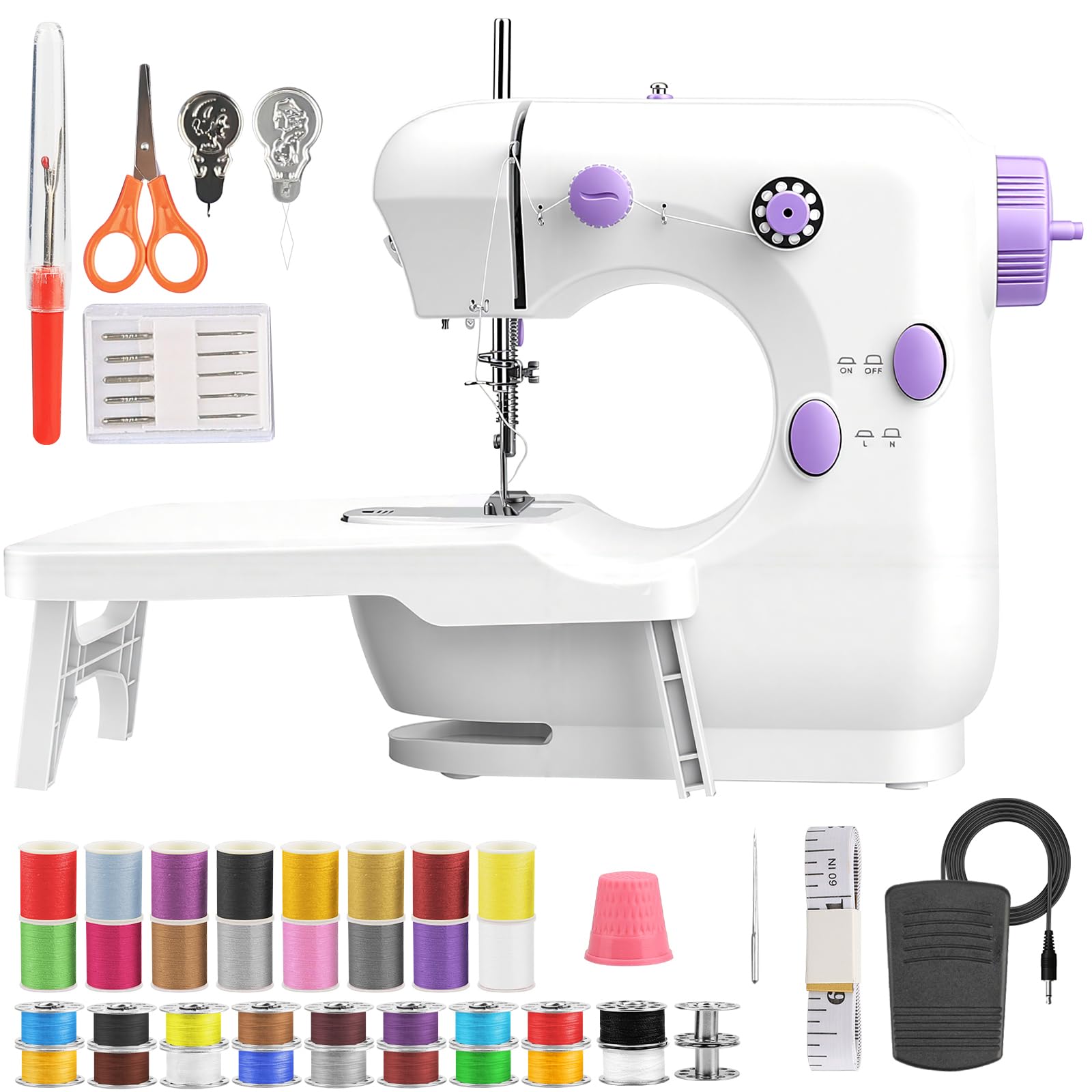 BRICH Máquina de coser eléctrica portátil con mesa extensible, pedal y 2 velocidades, juego completo de costura para niños y adultos, ideal para manualidades, ropa y viajes