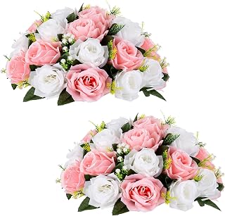 NUPTIO Large Flower Balls for Centerpieces - 2 Pcs 13.8in Diameter Artificial Flower Ball Arrangement Bouquet Wedding Centerpieces for Tables - Pink & White Fake Rose Flowers for Weddings Decor