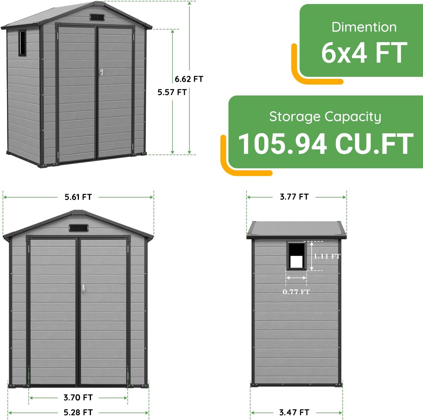 6x4 FT Plastic Storage Shed with Floor, Easy Setup Outdoor Resin Shed Garden Shed Outside Storage with Windows and Lockable Doubles Doors for Lawn Mower, Bike, Tool Storage