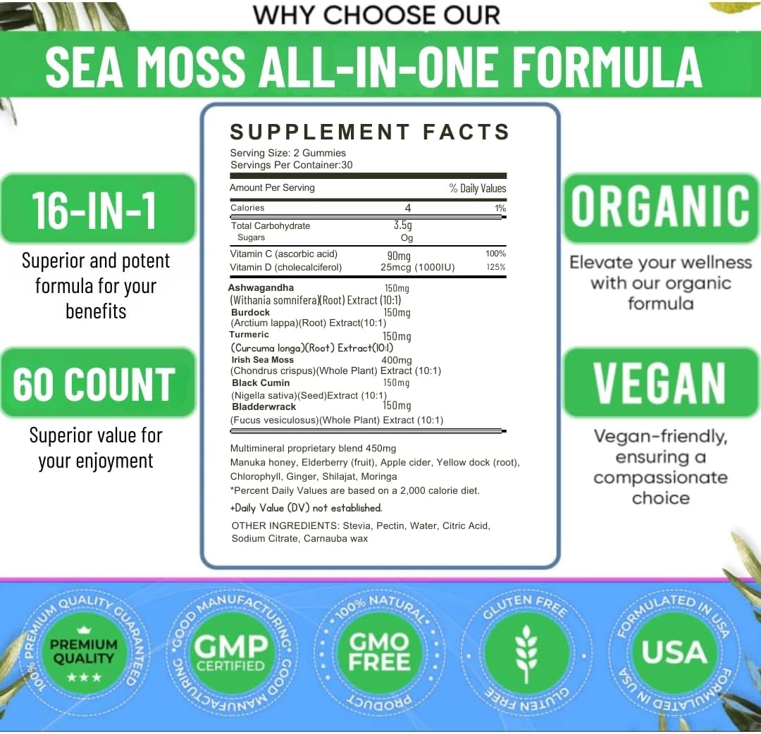 16 In 1 Sea Moss Gummies — US-Made, 3X Potent Seamoss Gummies for Men and Women with Black Seed Oil, Ashwagandha, Burdock, and More — Supports Immunity, Energy & Vitality (30-Day Supply, 60 Gummies) - Image 7