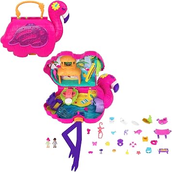 Polly Pocket Flamingo Party Large Compact, 26 Surprises Including Margot & Friend Dolls, Pop & Swap Feature, 4 & Up