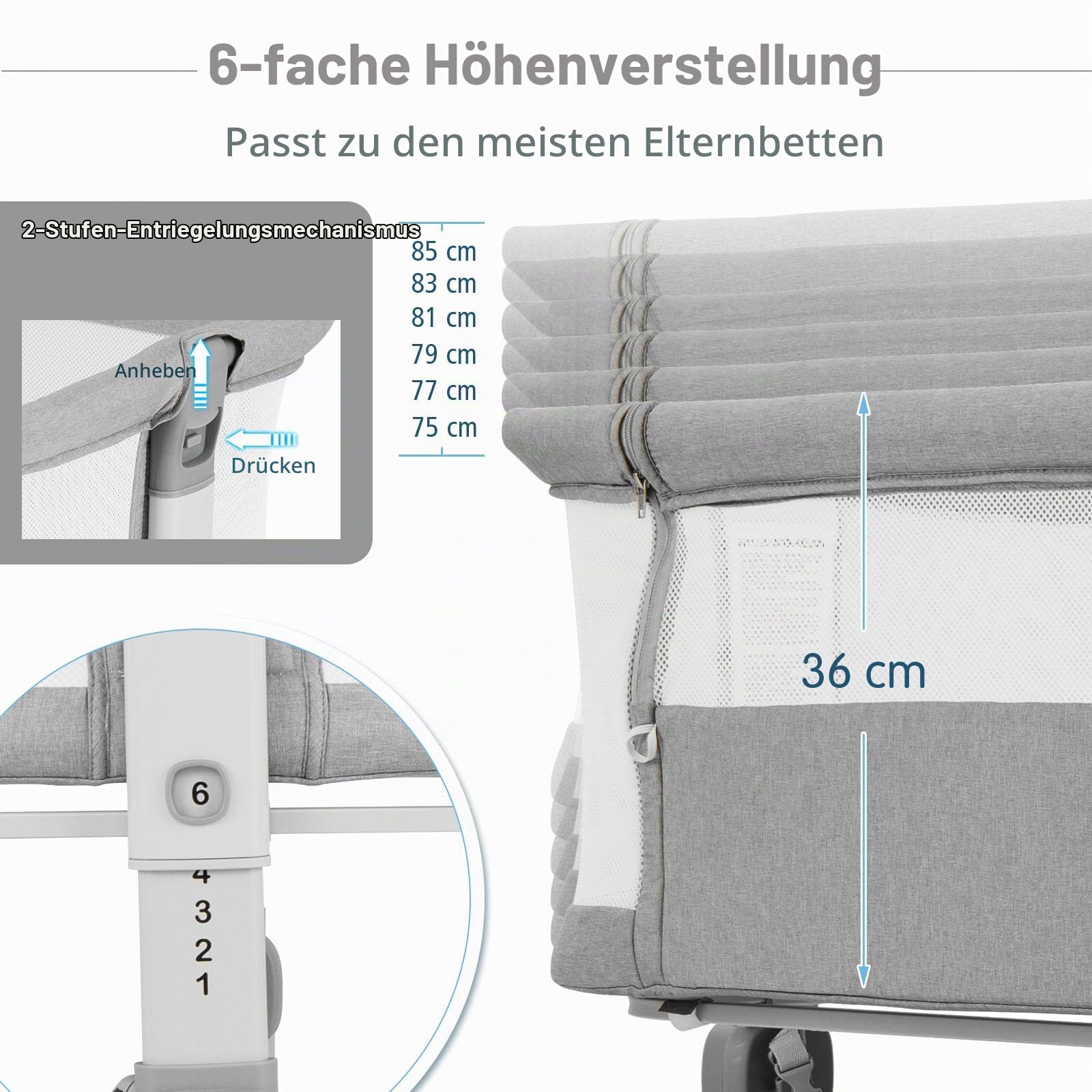 LIFEZEAL Baby Beistellbett 6 Stufig Höhenverstellbar, Babybett mit Matratze & Rollen, Tragbares Reisebett für Baby 0-6 Monate, Stubenwagen mit Aufbewahrungskorb (Hellgrau)