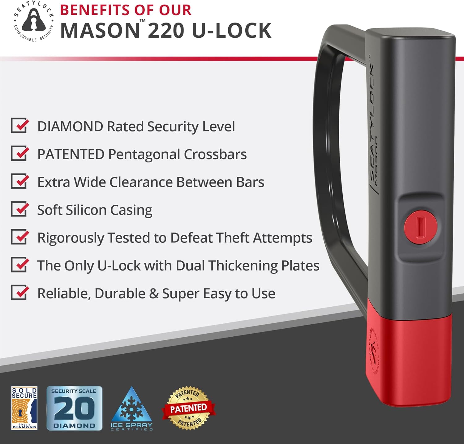 Seatylock Mason Bike U Lock - Patented Heavy Duty Anti Theft Diamond Secure ULock - Ultra Security Bicycle Safety Tool with Keys for City Electric or Mountain Bikes and Scooters