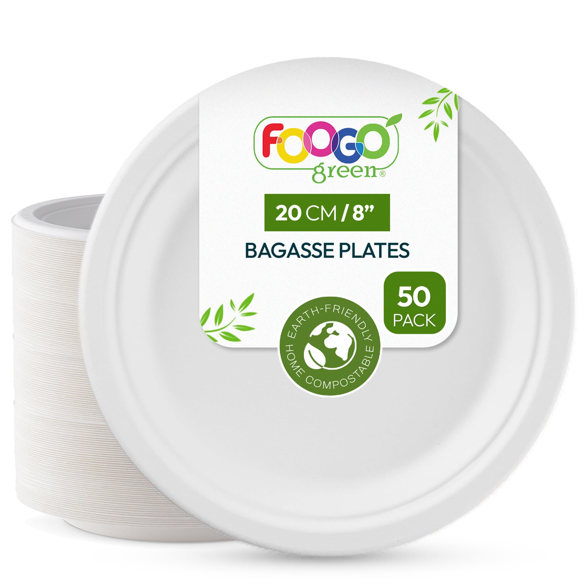FOOGO Green 300pcs Disposable Sugarcane Bagasse Plates, 8 inch (20 cm), Medium Round Strong Paper Plates, Eco Friendly Biodegradable Compostable, for Picnic, Parties