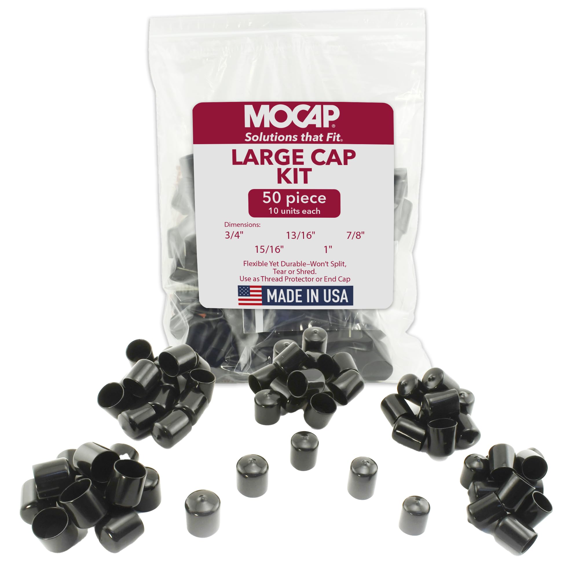 MOCAP Round Vinyl Plastic Caps – Large Cap Kit (3/4", 13/16", 7/8", 15/16", 1") | Durable, Flexible Vinyl Caps for Thread Protection, End Caps, &