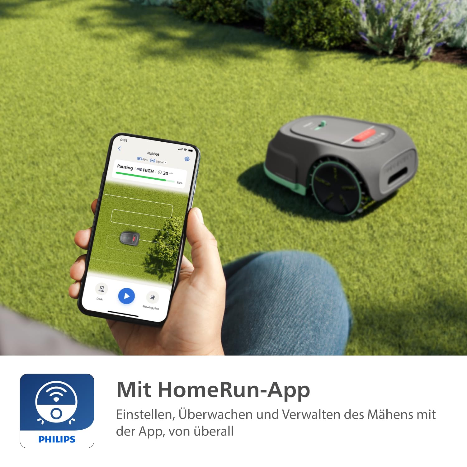 Philips Rasenmähroboter 3000 Serie - Cross-Mowing, GPS-Kartierung, Intelligentes Mähen, schnelleres Mähen, Hangtauglichkeit, Homerun-App, Regensensor-Technologie, Kalkstein Grau (RSL3000/10)