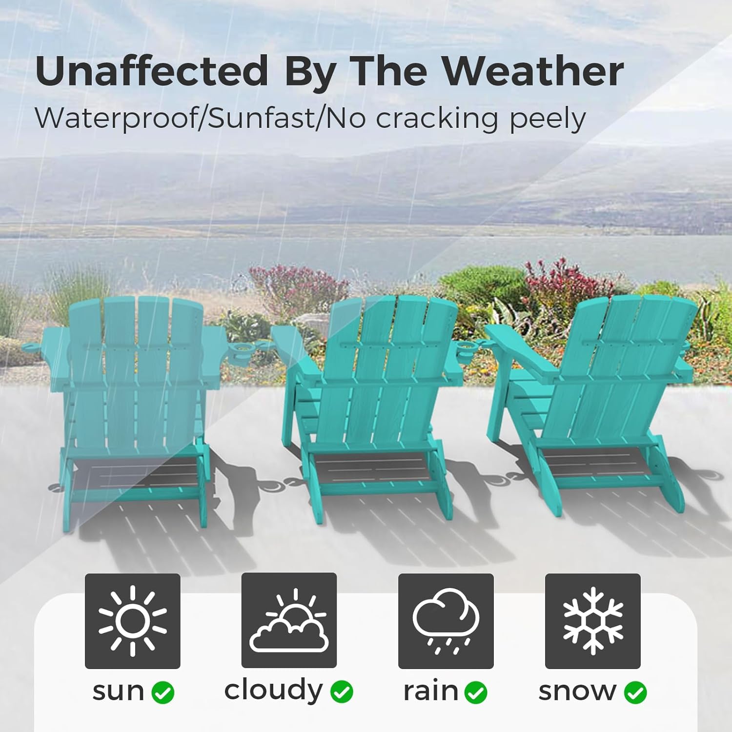 Folding Adirondack Chair with Wood Texture, Plastic Adirondack Chairs with 2 Cup Holder, HDPE All-Weather Fire Pit Chairs,Outdoor Lawn Chair for Patio Garden (Lake Blue)