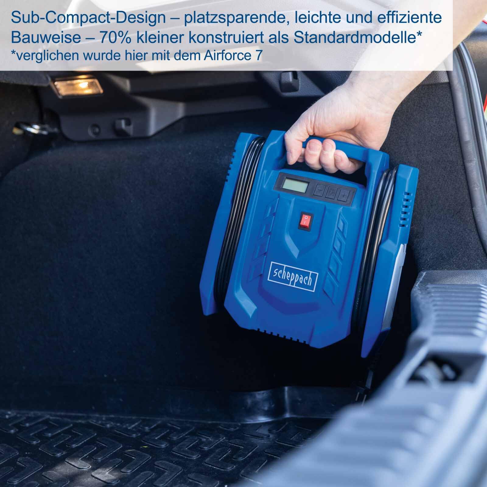 Scheppach Mobiler Kompressor Airforce 7 SC | Arbeitsdruck 8 bar | Ansaugleistung 24 L/min | Betreibbar mit AC 230 – 240 V~ / 50 Hz DC 12 V | inkl. Zubehör