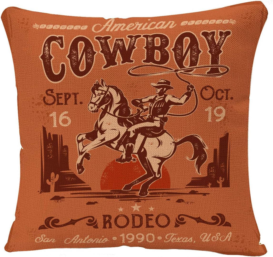 Throw Pillow Cover Western Rodeo with Cowboy Sitting on Rering Horse Decorative Pillow Case American Retro Style Square Pillowcase 18 x 18 Inch