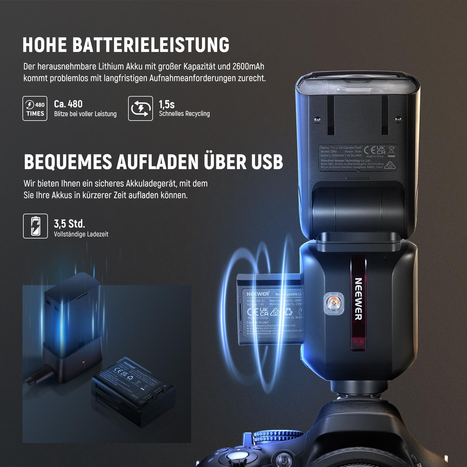 NEEWER Z880-N Blitz Speedlite 2,4G i-TTL Flash Kamerablitz für Nikon, Upgraded UI, Modellierlampe, TTL/M Schnellschalter TCM Taste, 76W Speedlight 1/8000s HSS 7,4V/2600mAh Akku 480 Vollleistungs Blitz