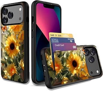 for iPhone 17 Pro Max Case,Dual Layer Smooth Hard Back Cover Wallet Pocket Credit Card ID Protective Case for iPhone 17 Pro Max,Sunflower Butterfly Window