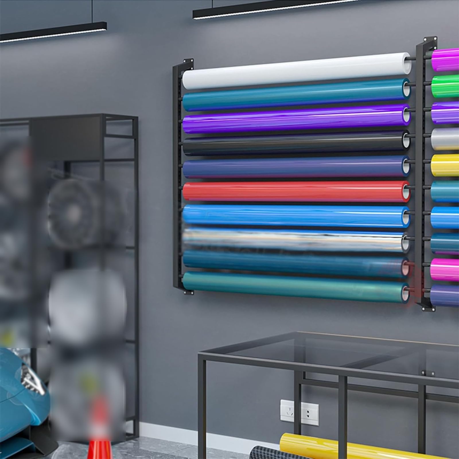 Soporte metálico de 10 niveles para vinilo de coche, expositor de rollos de tela para pared con barra ajustable, organizador de papel tapiz para películas de ventanas de coche comerciales, para garaje
