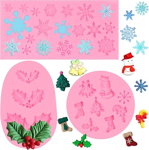 Moldes de silicona para fondant de copo de nieve de Navidad, 3 unidades, calcetines de hoja de acebo de Navidad, molde de chocolate para decoración