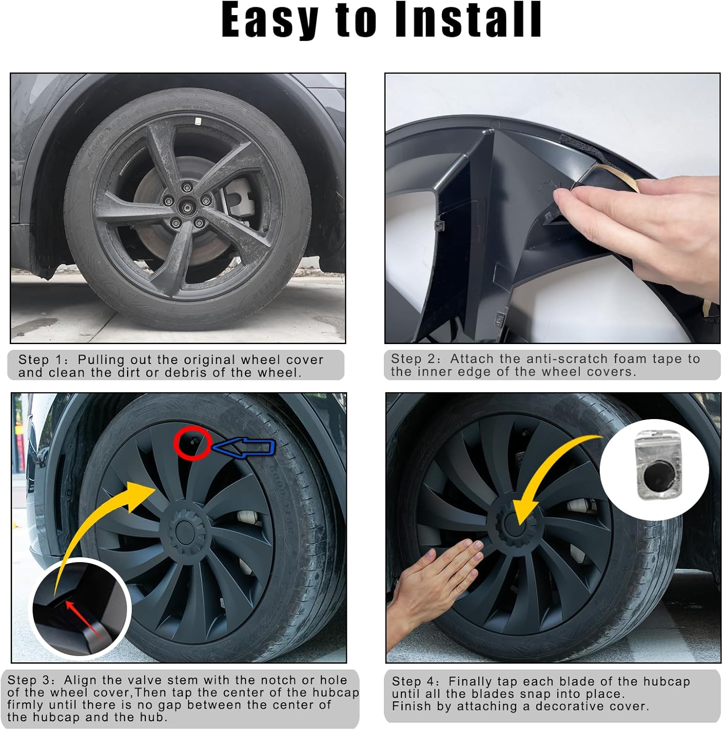 4Pcs Hubcaps for Tesla Model Y Juniper 2025-2026 Accessories - 19 Inch Wheel Covers Compatible with Tesla Model Y Juniper Exterior Accessories - Snap-On Installation (Cyclone-Matte Black)