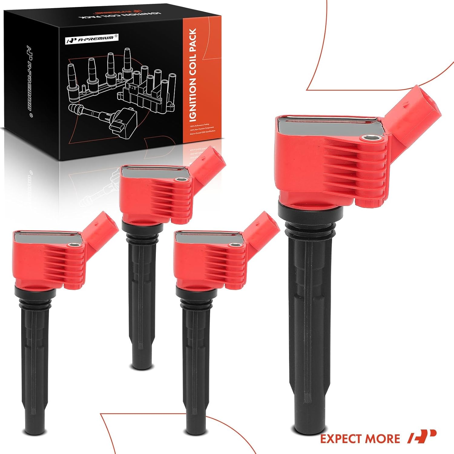 A-Premium (Red) Engine Ignition Coil Pack Compatible with Volkswagen Jetta, Passat, Golf, Tiguan, Beetle, Atlas & Audi A4, A4 allroad Quattro, Q5, Q7, A5 Quattro Sportback, A6 Quattro, A3, 4-PC Set