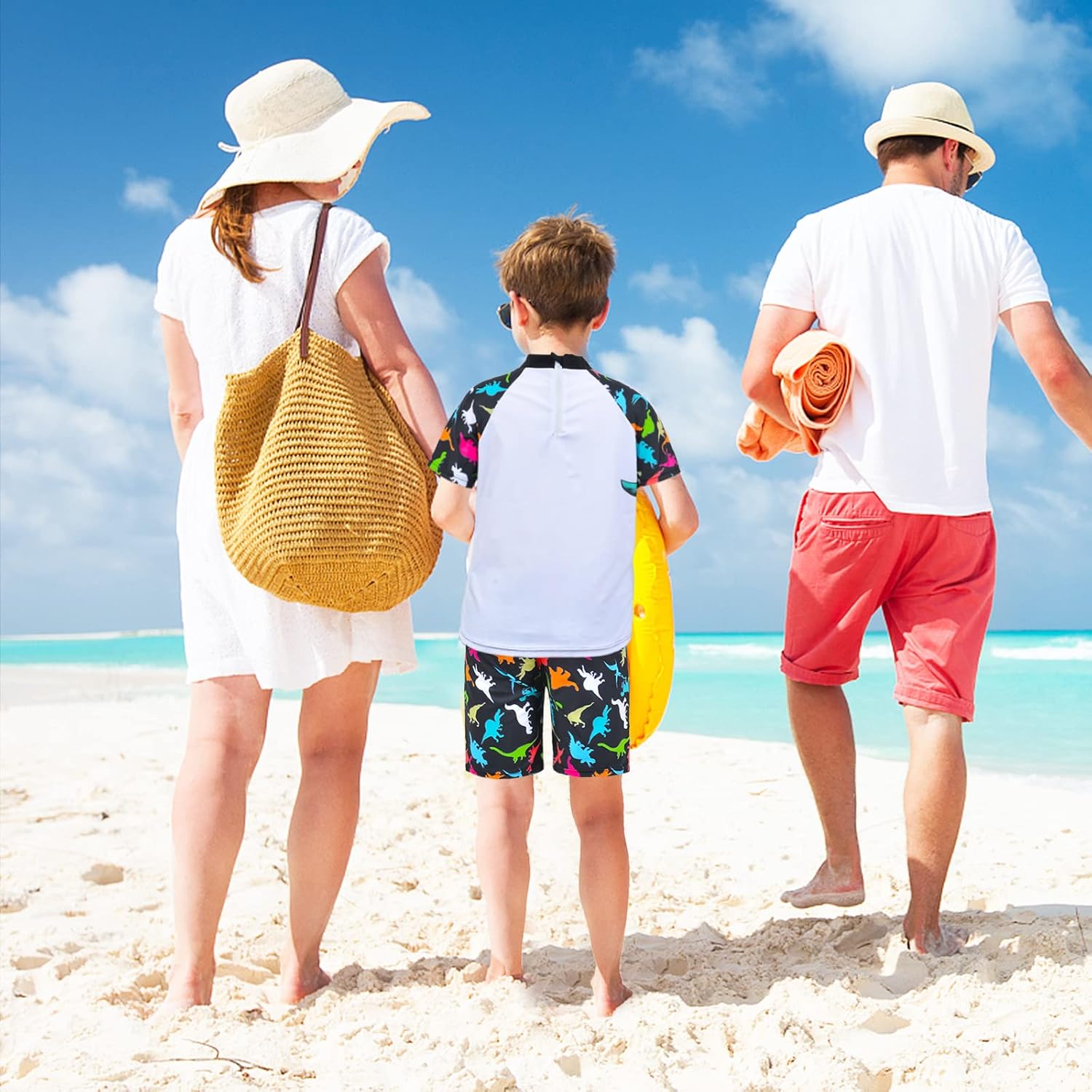 Boys Two Piece Rash Guard Swimsuits Kids Short Sleeve Swimwear Sets Bathing Suit with Sun Hat for 2-6 Years - Image 2