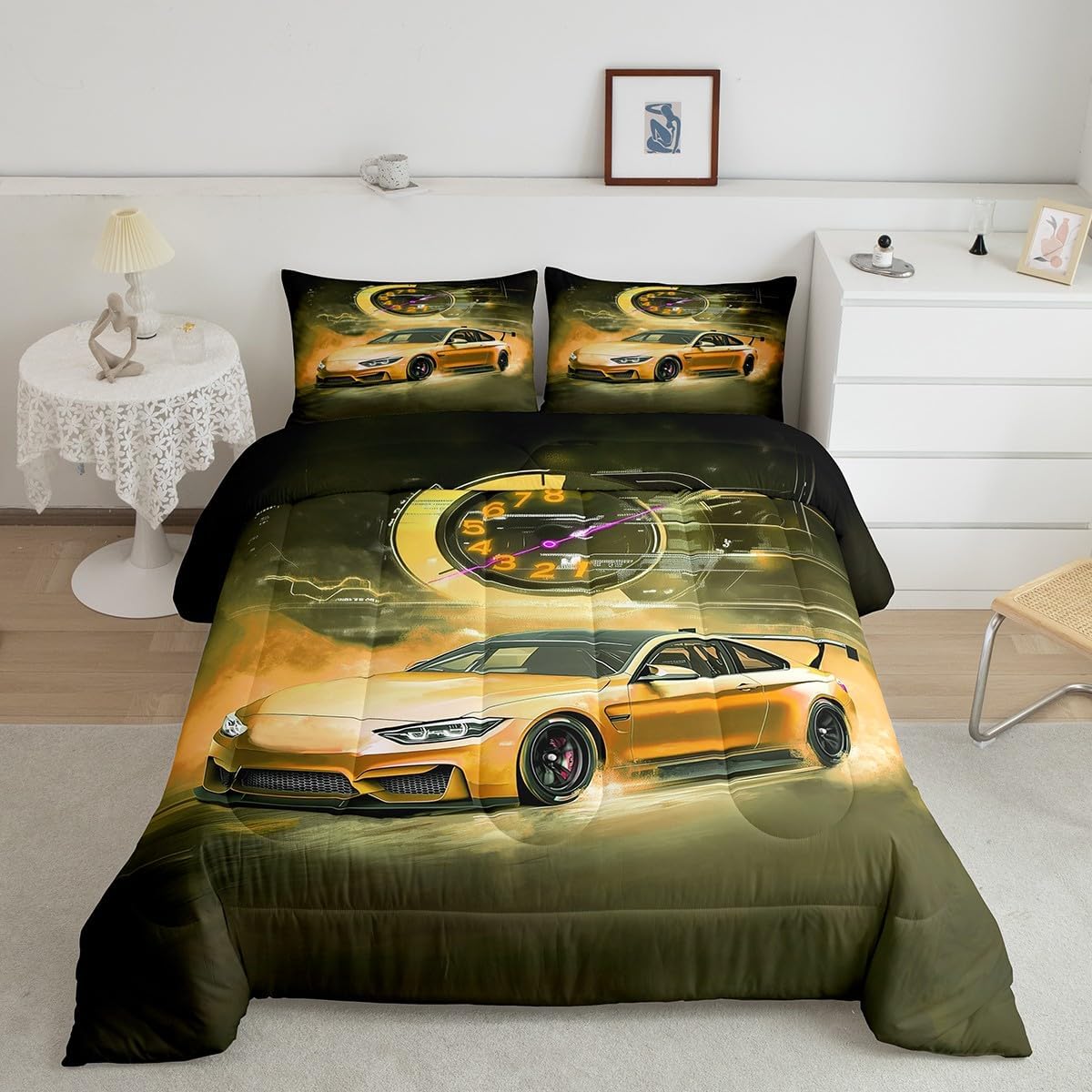 Erosebridal Twin Comforter Set for Boys, Toddler Race Car Bed for Boys Sports Car Comforter Set Extreme Sport Vehicle Quilt Speed Racing Car Duvet Insert,Orange
