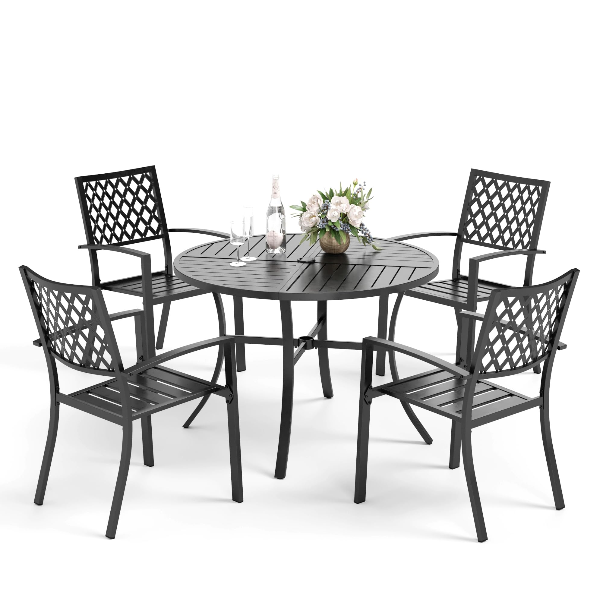 PHI Villa Salon de Jardin 5 pièces pour 4 Personnes, Ensemble de mobilier d'extérieur avec Table Ronde et chaises métal empilables, revêtement E pour Balcon, terrasse et Cour