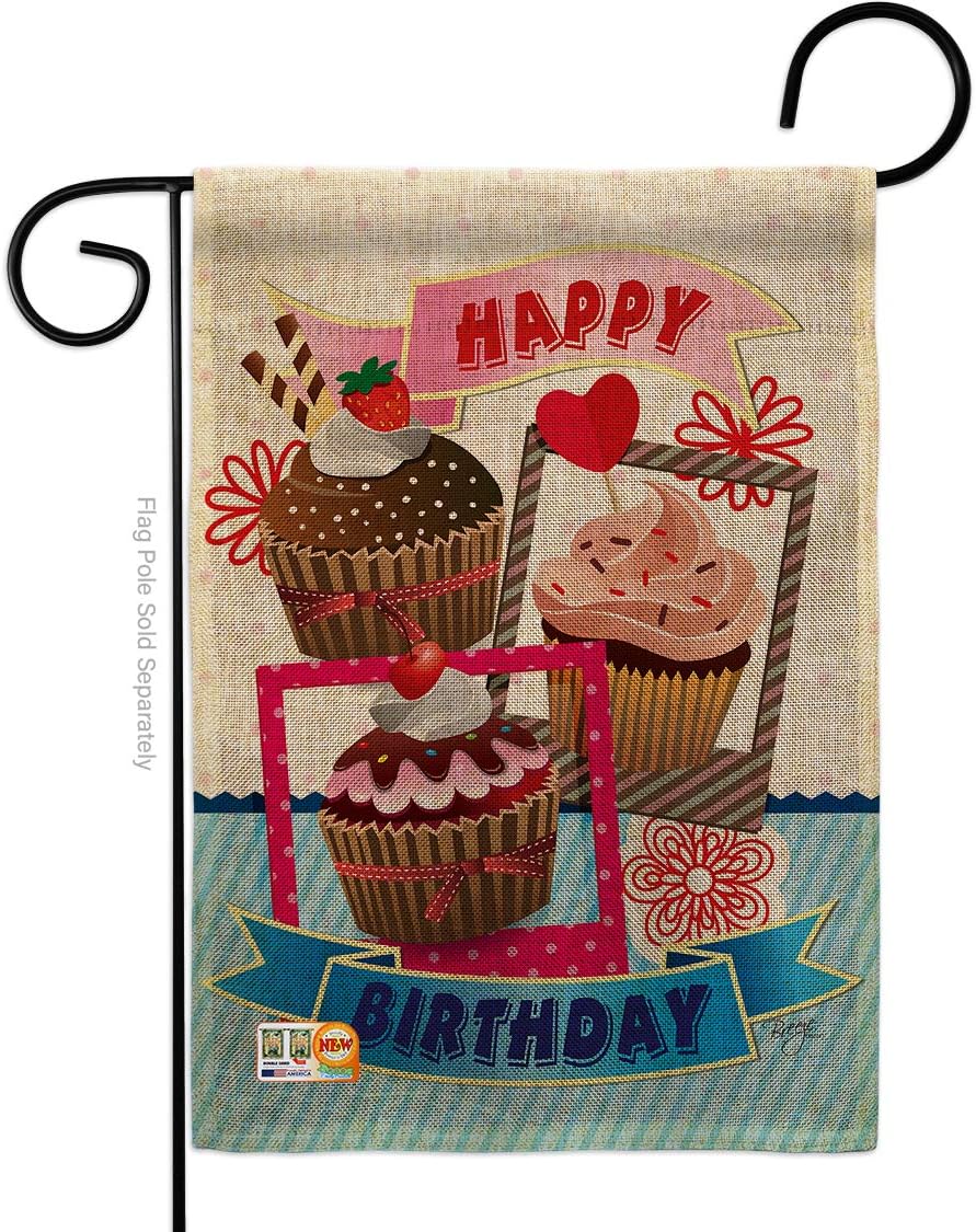 Birthday Cupcake Burlap Garden Flag Celebration Cake Gift Present Candy Bouquet Occasion Anniversary Party Small Decorative Yard House Banner Double-Sided Made In USA 13 X 18.5