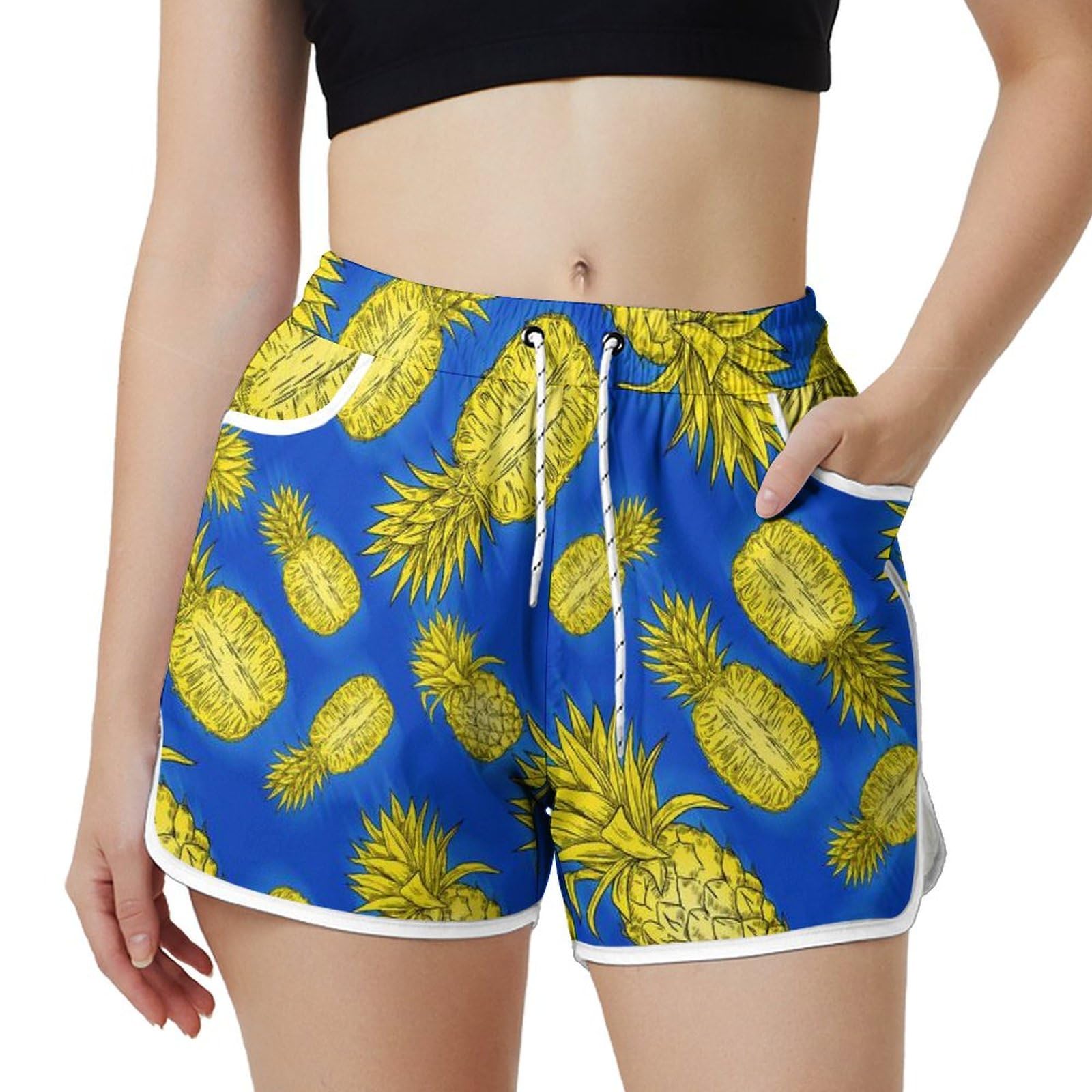 AYUNIX Women's Running Shorts with Pockets Quick Dry Performance Shorts for Women Pineapple Athletic Workout Gym Shorts White